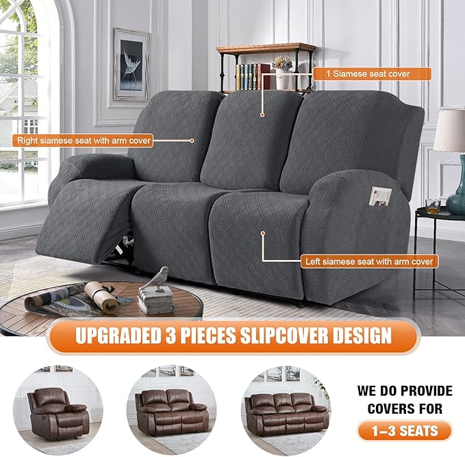 VANSOFY Recliner Covers, 3-Pieces Stretch Reclining Couch Covers with Pockets Reclining Couch Slipcovers 3 Seater Soft Washable Furniture Protector for Dogs Cats(Charcoal Gray)