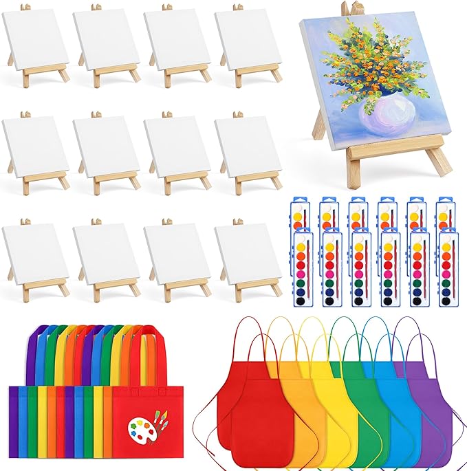 Aodaer 48 Pieces Valentine's Day Gift Mini Watercolor Paint Set Include 12 Set Colors Watercolor Paints Strip Palette Wooden Canvas Easels Canvas Tote Bags Aprons for Art Beginner Painting Supplies