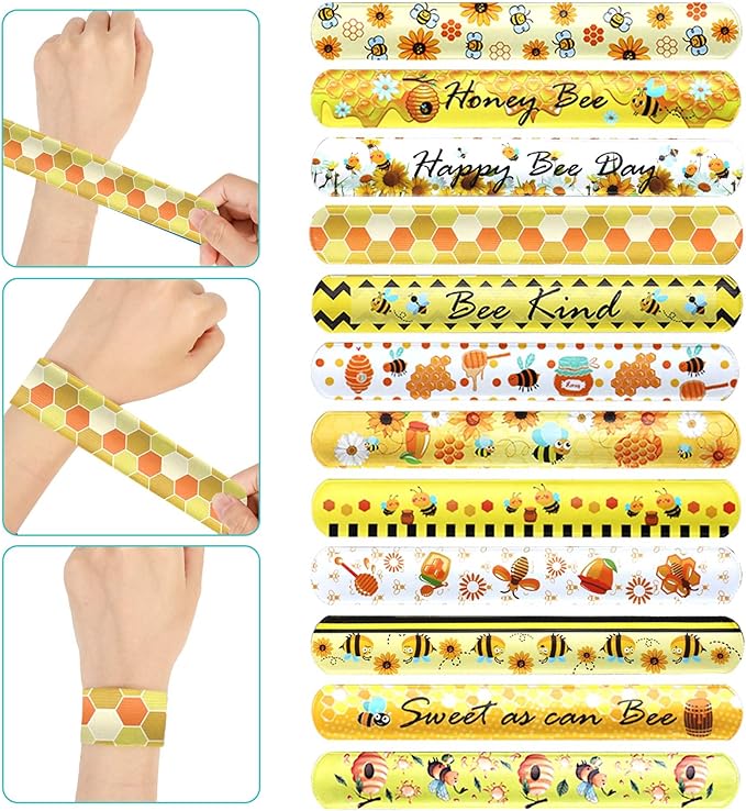 48pcs Bee Slap Bracelets Honeycomb Wristbands Assorted Color Bee Theme Party Favors Sunflower Wristband Honeybee Yellow Bee Birthday Slap Bands Baby Shower for Classroom Prizes