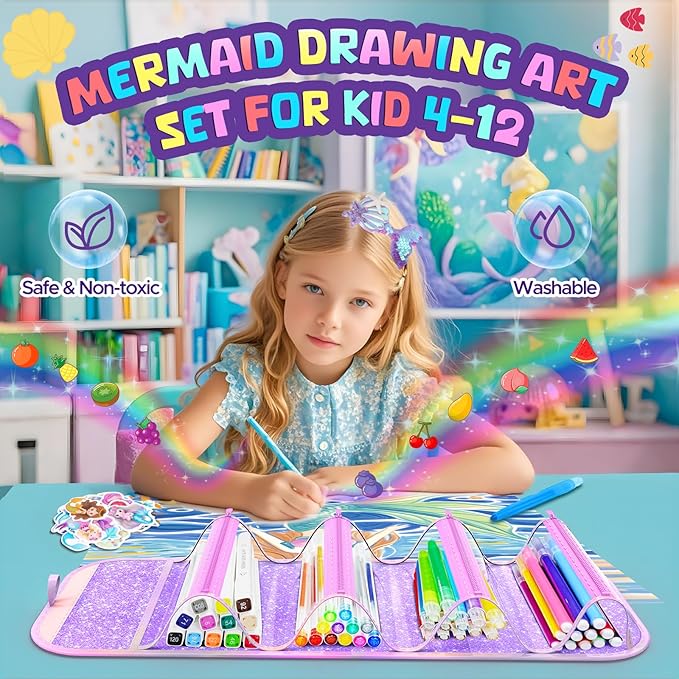 70PCS Mermaid Washable Markers Set with Glitter Pencil Case,Art Supplies for Kids Ages 4-6-8,Drawing Coloring Art Craft Kits for Girls with Marker,Glitter Pens,Crayon,Birthday Gifts Toys for Girls