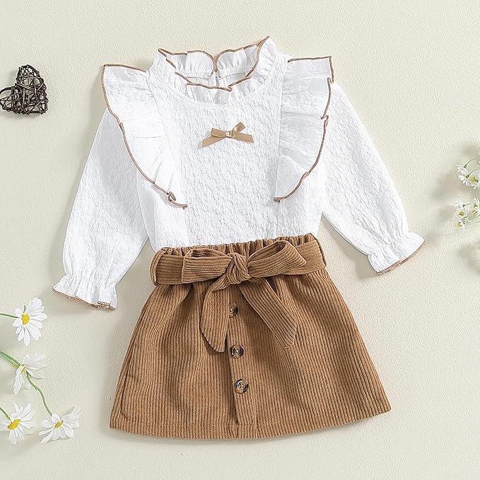 Fernvia Toddler Baby Girl Fall Winter Skirt Set Turtleneck Ribbed Long Sleeve T-Shirt Top & Plaid Skirts Dress 2Pcs Outfits