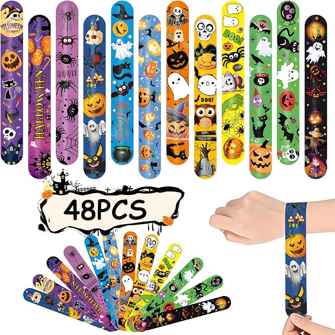48 Pieces Halloween Slap Bracelets Bulk Party Favors for Kids - 12 Designs Snap Bracelets for Halloween Decorations, Halloween Goodie Treat Bag Stuffers Classroom Prizes Exchanging Gifts Supplies