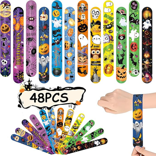 48 Pieces Halloween Slap Bracelets Bulk Party Favors for Kids - 12 Designs Snap Bracelets for Halloween Decorations, Halloween Goodie Treat Bag Stuffers Classroom Prizes Exchanging Gifts Supplies