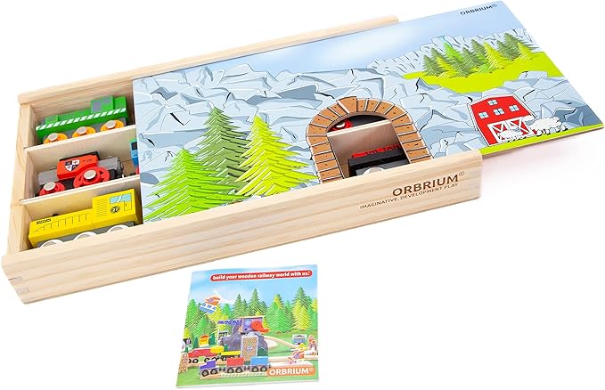 Orbrium 12 Wooden Train Cars Set with Wooden Storage Box with Box Cover Tunnel for 3,4,5,6,7 Years Old Compatible with Thomas & Friends Push-Along, Brio, IKEA, Imaginarium, Melissa and Doug
