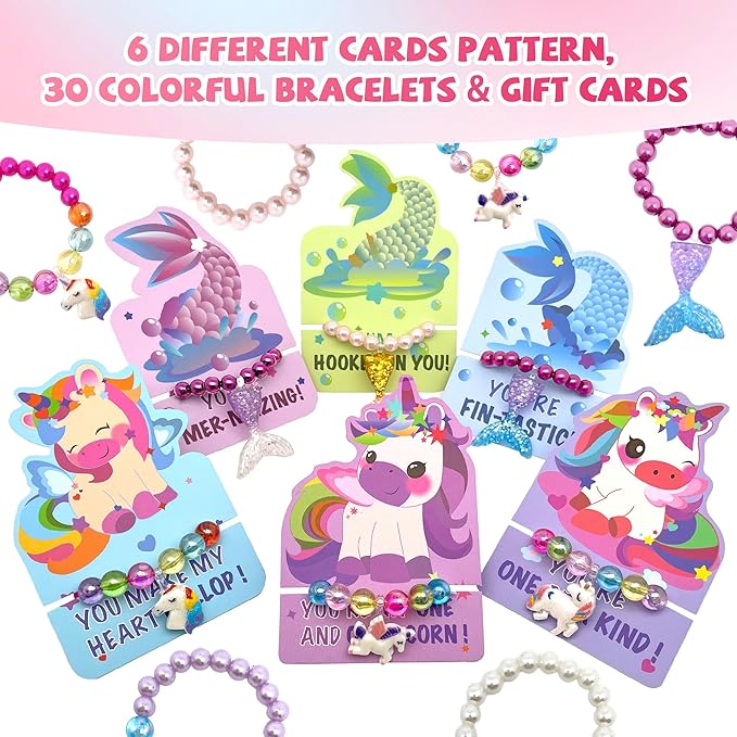 30Pack Mermaid & Unicorn Valentines Day Cards for Kids with Rainbow Bracelets - Perfect Classroom Prizes, Unicorn Valentines Gifts for Kids Party Favors for School Exchange Gifts for Girls