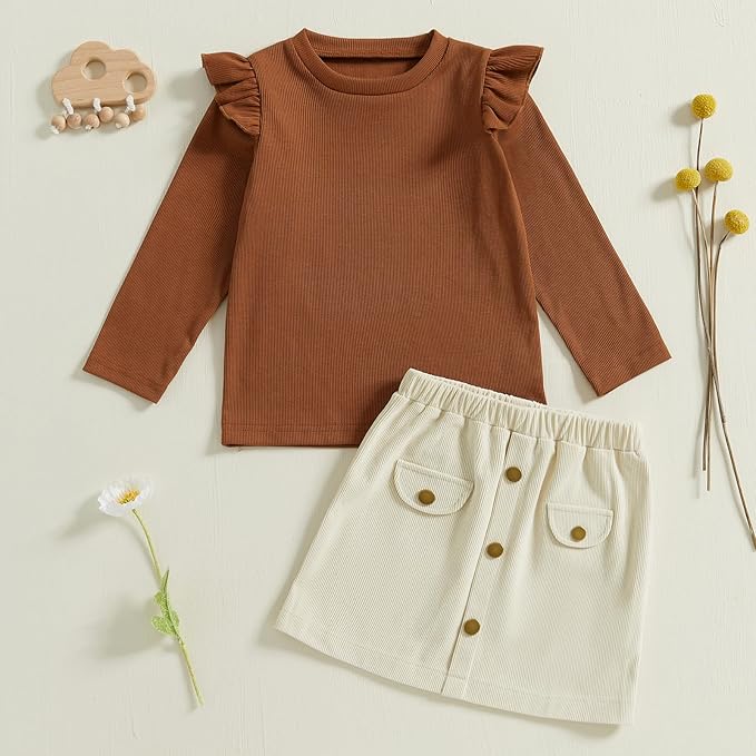 Fernvia Toddler Baby Girl Fall Winter Skirt Set Turtleneck Ribbed Long Sleeve T-Shirt Top & Plaid Skirts Dress 2Pcs Outfits