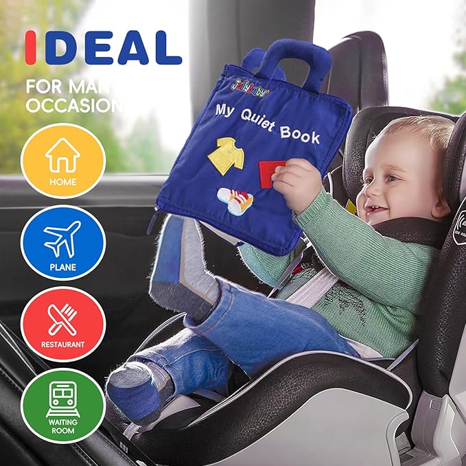 Jollybaby Baby Soft Busy Books -My Quiet Book, Travel Toy & Montessori Sensory Educational, 10 Preschool Learning Activities for 1 2 3 Year Old Toddlers Boy Girl(Blue)
