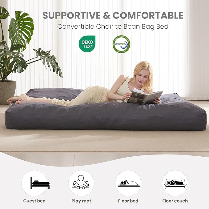 Bean Bag Chairs for Adults Kids Teens Convertible Chair Mattress, Bean Bags Chair with Removable Suede Cover, Sleeper Chair That Turns into Mattress, Full, Light Grey
