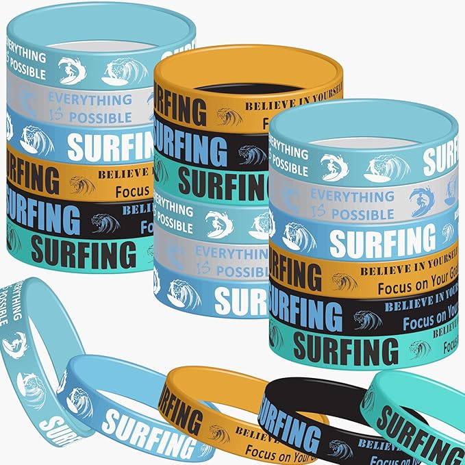 48PCS Surfs Up Party Rubber Bracelets, Summer Surf Themed Birthday Party Supplies Decorations Surf's Up Gifts Prize Goodie Bag Favors Surfing Silicone Wristbands
