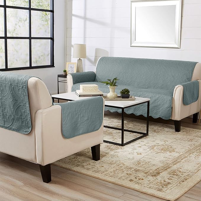 Medallion Stitched Solid Furniture Protector Stain Resistant Durable Furniture Protector Elenor Collection (Loveseat, Mirage Gray/Flax)