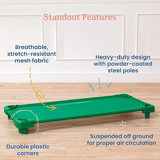 ECR4Kids Stackable Kiddie Cot, Ready-to-Assemble, Standard Size, Classroom Furniture, Green, 6-Pack