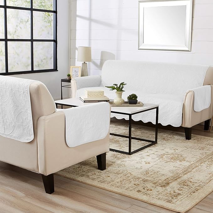 Great Bay Home Medallion Stitched Solid Furniture Protector Stain Resistant Durable Furniture Protector Elenor Collection (Recliner, White/Sand)