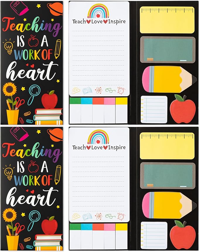 2 Pcak Teaching is A Work of Heart Sticky Notes Set - Blackboard Pencil Apple Self-Stick Note Pads Teacher Appreciation Gift Writing Memo Pads Page Marker Back to School Office Supplies (Black)
