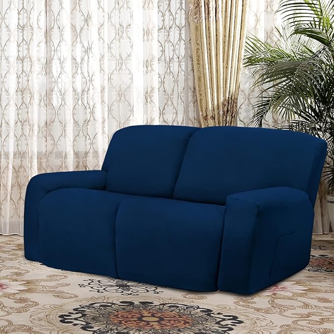 Easy-Going Oversized 6 Pieces Microfiber Stretch Sectional Recliner Loveseat Sofa Slipcover Soft Fitted Fleece 2 Seats Couch Cover Washable Furniture Protector with Elasticity for Kids Pet Navy
