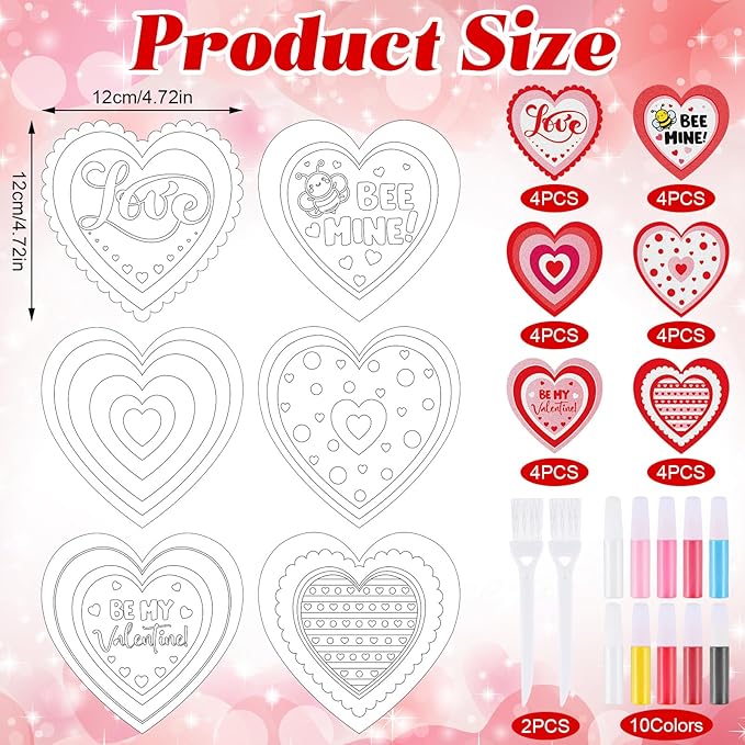 24 Set Valentine Hearts Sand Art Craft Kit for Kids 4.72 Inch DIY Valentine's Day Sand Painting Kit with Colored Sand Brush Heart Sand Art and Crafts for Valentines Home Classroom Activities