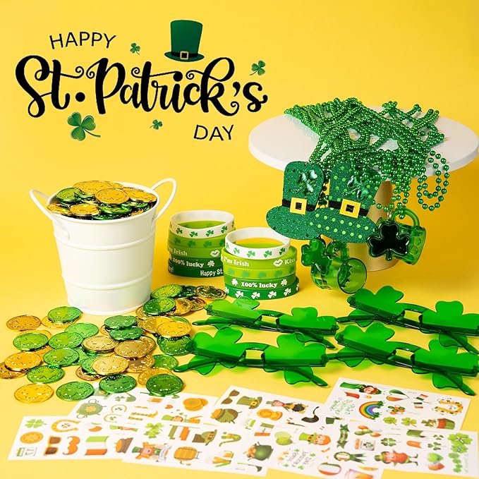 163Pcs St. Patrick's Day Accessories Party Favor Set, Tattoo Stickers, Necklaces, Bracelets, Shamrock Glasses, lucky Coins for Irish Party Supplies