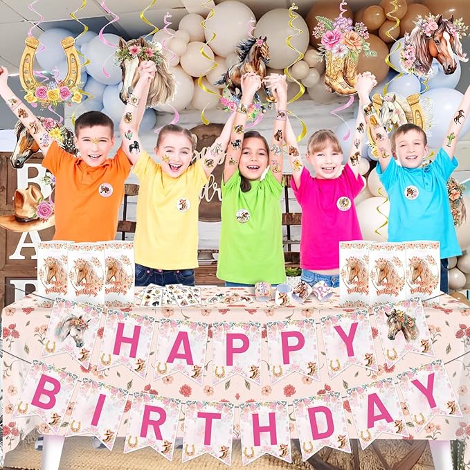 60 PCS Horse Cowgirl Party Favors, Horse Themed Temporary Tattoos, Slap Bracelets, Keychains, Badges, Gift Bags for Cowgirl Birthday Party Decorations and Classroom Rewards