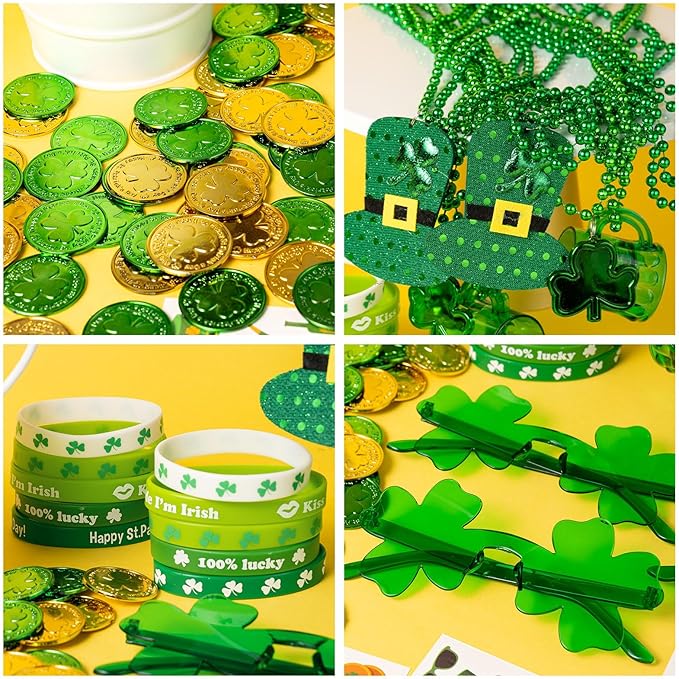 163Pcs St. Patrick's Day Accessories Party Favor Set, Tattoo Stickers, Necklaces, Bracelets, Shamrock Glasses, lucky Coins for Irish Party Supplies