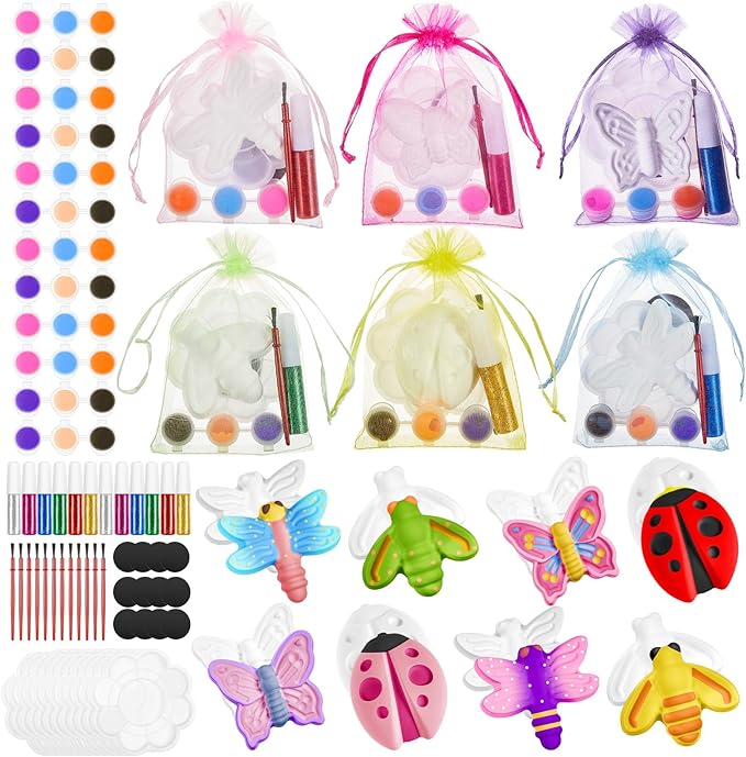 60 Pcs Plaster Painting Party Favors for Kids Birthday Party Supplies Animal Crafts for Kids DIY Painting Statues with Magnet Brushes Palette Organza Bag for Art Party Favor Bags(Insect)
