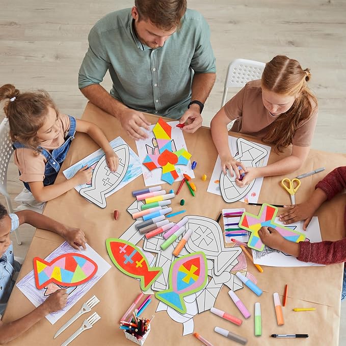 24 Sets Religious Sand Art Craft Kit for Kids Christian Crosses Fish Painting Kit with Colored Sand Brushes Create Your Own First Communion Sand Art for Sunday School Fun Home Activities