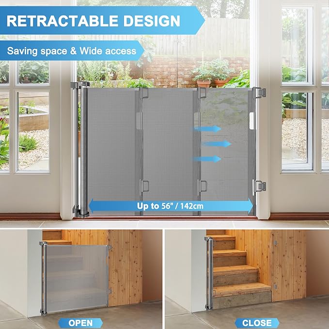56 Inch Retractable Baby Gate for Stairs Retractable Dog Gates for Doorways Outdoor Baby Gates for Decks Indoor Dog Gates for The House Extra Wide Baby Gate Stair Gates for Kids or Pets Deck Gate Gray