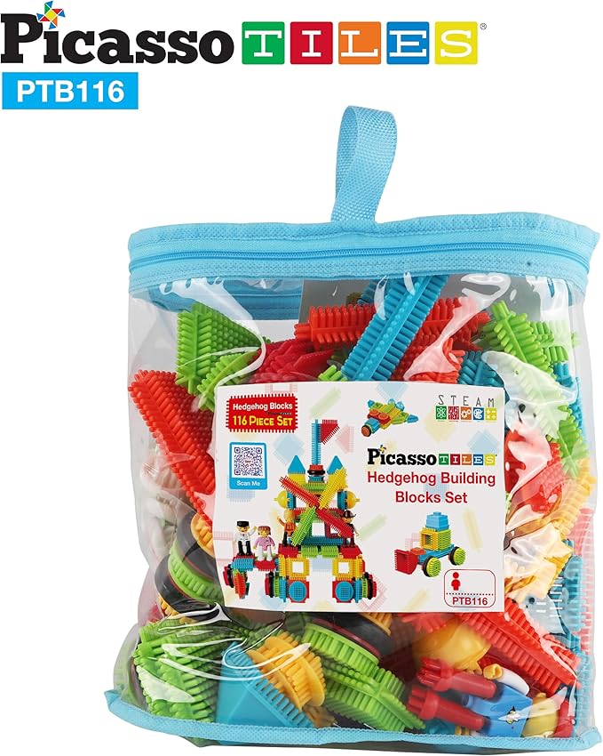 Picasso Toys 116pc Hedgehog Construction Building Blocks Toy Set Interlock Tiles with Idea Book, 4 Action Figure Characters, 4 Decorative Eyes STEM Learning Kit Playset for Boys Girls 3 and Up PTB116