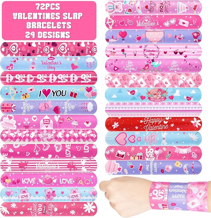 72 Pcs Valentines Day Slap Bracelets Wristbands Toys for Valentines Day Party Supplies Gifts for Kids Students Teens Adults Birthday Giveaways and Game Prizes School Supplies