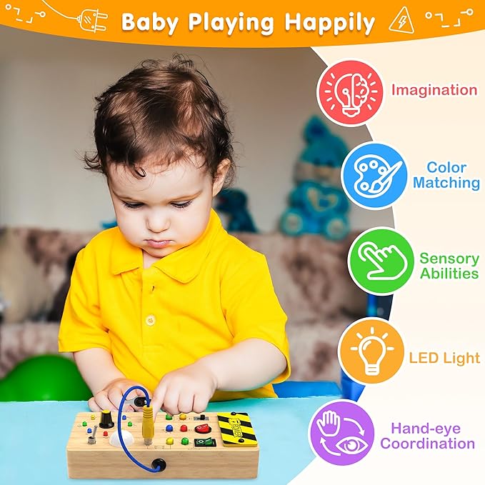 Montessori Toddler Toys-Baby Wooden Busy Board-Sensory Toys with Light Switch-Baby Travel Toys-Preschool Educational Learning Activities Toys-Gifts for Boys Girls Ages 1 2 3 4+ Year Old