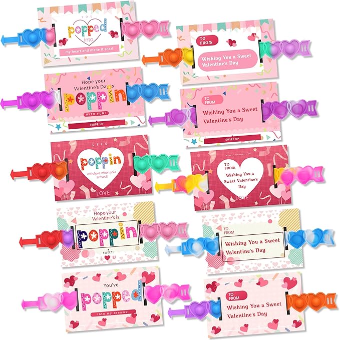 30 Pcs Valentine's Day Pop Bracelets Toys with Cards Heart Pop Bracelets Bubble for Kids School Classroom Prizes, Valentine's School Class Exchange Cards and Kids Party Favors