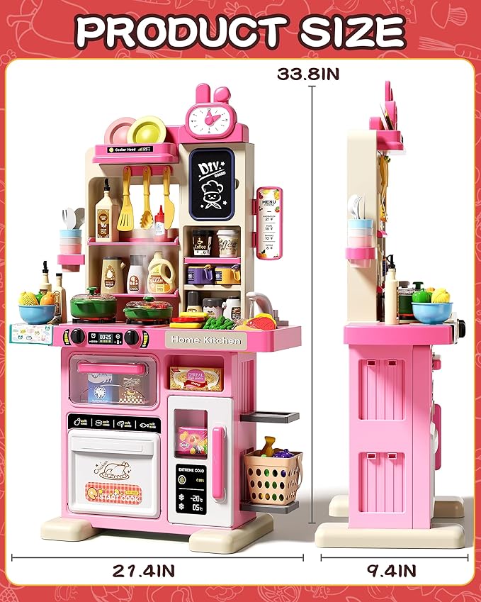 33.8IN - 70PCS Kids Kitchen Playset with Sound & Light - Cooking Stove with Steam, Play Sink and Toy Kitchen Accessories - Pretend Kitchen Play Food Toys for Kids Boys Girls - Toddler Play Kitchen Set