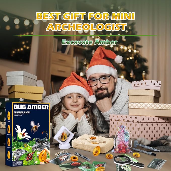Amber Dig Kit - Insects in Resin, 8 Insects Specimens Excavation Kit, Gemstone Bugs for Kids, Fossil Bug Toys Dig Kits for Bugs Collection, Insect Toys for Boys Girls 6 and up Year Old Birthday Gifts