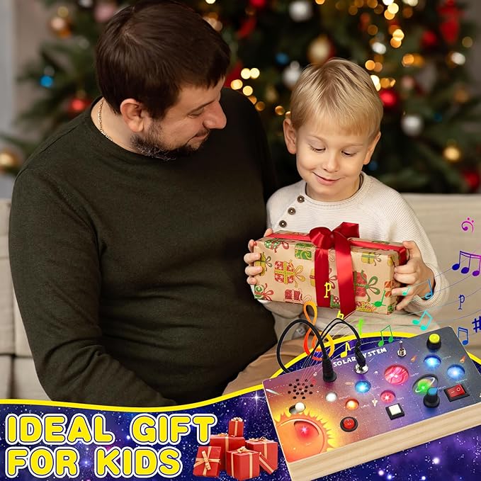 Montessori Wooden Busy Board with LED Light Switches, Toddler Busy Board Sensory Toys with Music, Preschool Learning Activities, Travel Toys, Christmas Birthday Gift for Kids Boys & Girls