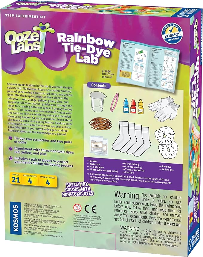 Thames & Kosmos Ooze Labs Rainbow Tie-Dye Lab STEM Experiment Activity Kit | Design & Make Your Own Tie-Dye Socks & Scrunchies | Explore The Science of Color Mixing & Dyeing | Great Party Activity