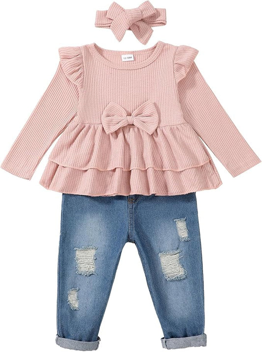 Mioglrie Toddler Baby Girl Clothes 2T 3T 4T 12 18 24 Months Toddler Fall Winter Girls Outfit Jeans Pants Clothing Set