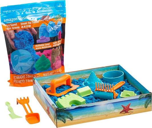 Amazon Basics 11 Piece Moldable Sensory Sand Toy Kit with Castle Molds and Tools, 3lbs Blue Color, for Kids Ages 3 and Up