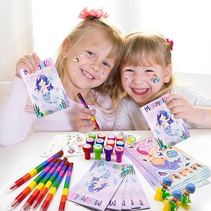 72 Pcs Mermaid Coloring Book with Crayons Party Favors Set, Under the Sea Party Pinatas Goodie Bag Fillers, Ocean Birthday Party Supplies Craft DIY Kit Face Stickers Tattoo for Underwater Party