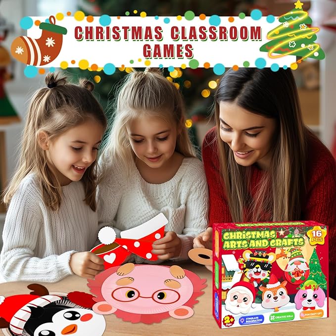 16 Pack Christmas Arts and Crafts for Kids Toddler Christmas Animal Paper Plate Art Kit Gifts for 3 4 5 6 Year Old DIY Kids Crafts for Christmas Stocking Stuffers Classroom Activities Games