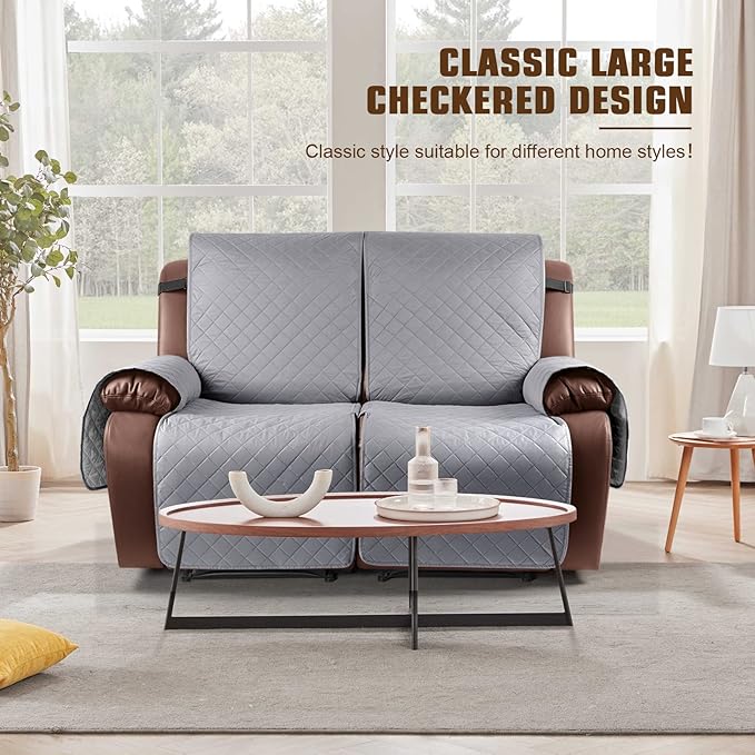 KinCam Loveseat Recliner Covers for 2 Seat, 100% Waterproof Reclining Loveseat Covers, Non-Slip Recliner Cover Furniture Protector with Elastic Straps for Pets, Kids, Light Gray