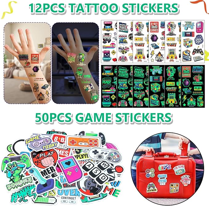 146Pcs Video Game Party Favors Birthday Supplies, Cup VIP Pass with Lanyard Straw Silicone Bracelet Keychain Stamper Tattoo Sticker Kids Gamer Birthday Party Favors Gaming Game On Goodies Bags