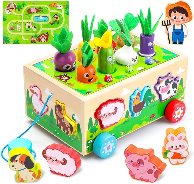 Montessori Toys for 1 2 3 Year Old Girls Boys|Wooden Learning Educational Toys for Toddlers 1-3|Shape Sorting Toys with Game Map|Wood Animal Farm Baby Toys for Baby 1+ 1-2 First Birthday Girl Gifts