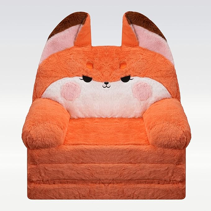 MONKISS 2-in-1 Toddler Couch Chairs Comfy, Kids Chair Couch, Mini Couch, Flip Out Sherpa Kids Sofa, Baby Couch, Chair for Toddlers 1-3, Kids Lounge Chair Reading Chair, Kids Couch Bed Fold Out, Fox