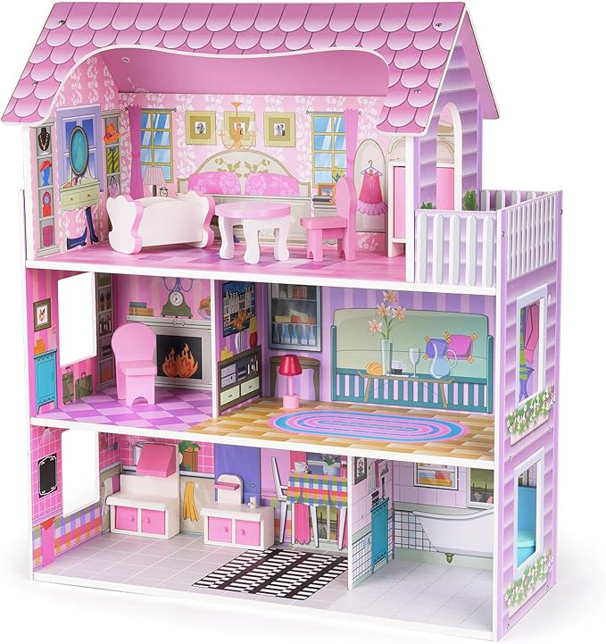 Wooden Dollhouse for Girls, 3-Story Doll House Playset with Furniture & Accessories, Large DIY Wooden Dream House for Kids, Pretend Play Dollhouse Kit, for Toddlers & Girls