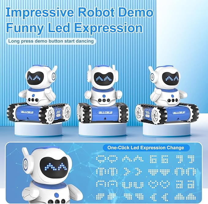 ALLCELE Robot Toy, LED RC Robot Toys, RC Robot for Boys and Girls with Walkie Talkie, Programming, Music, Demo and LED Function, Remote Control Robot Toy, Gift for Kids 3-8 Years Old Blue White