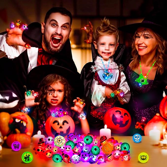 64Pcs Halloween Party Favors for Kids, Glow in The Dark Halloween Toys Bulk Light Up Rings Necklaces Bracelet Halloween Goodie Bag Fillers Stuffers Halloween Treats for Classroom Prizes Trick or Treat