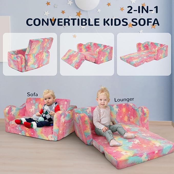 Elevon 2 in 1 Wider Toddler Couch, Flip Open Soft Sofa Bed, Glow in The Dark Flannel Baby Couch, 2-Seat Kids Chair Convertible Couch Easy Fold & Unfold, Baby Recliner Sofa for Girls and Boys