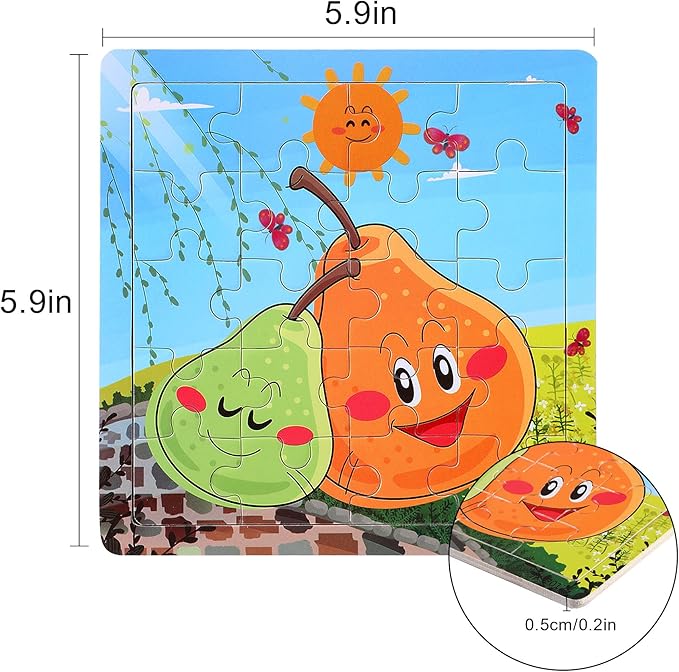 SANNIX 12 Pack Wooden Jigsaw Puzzles for Toddlers 3 4 5 Years Old, Party Favors Animals Jigsaw for Kids, Transportation Educational Puzzles Travel Toy with 12 Organize Bags