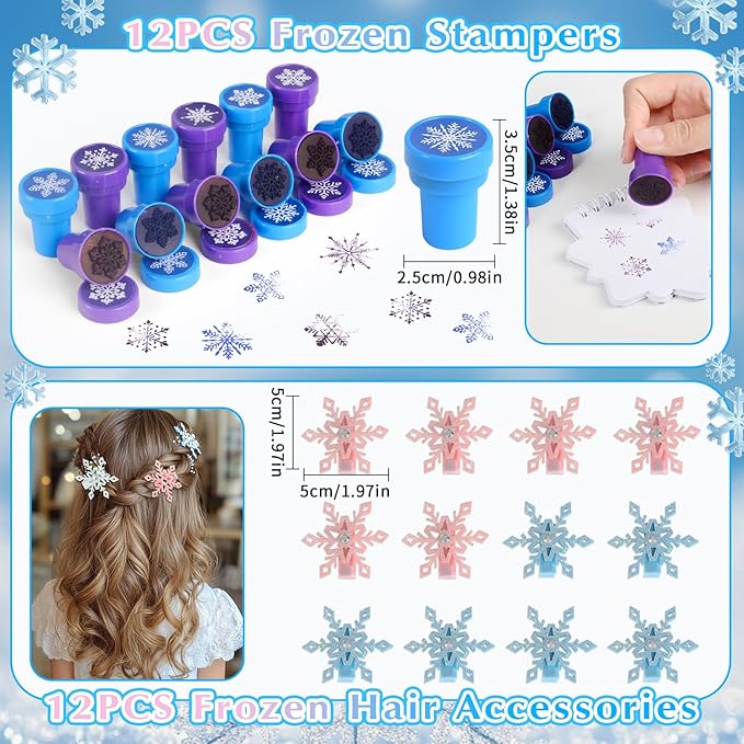 146PCS Frozen Party Favors, Snowflake Birthday Party Favors with Notebooks Pens Stampers Stickers, School Stationery Set Birthday Supplies, Goodie Bag Stuffers Classroom Gift Reward Prize for Kids