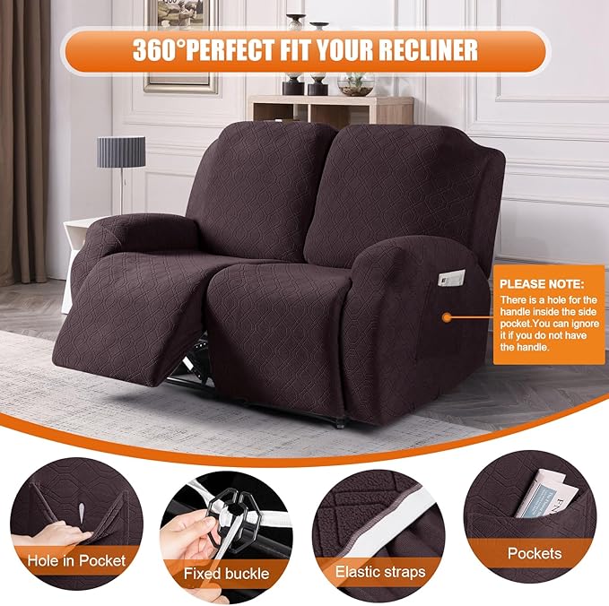 VANSOFY Oversized Recliner Cover, 2-Pieces Stretch Reclining Couch Cover with Pockets Loveseat Sofa Slipcovers Soft Washable Furniture Protector for Dogs Cats(Chocolate)