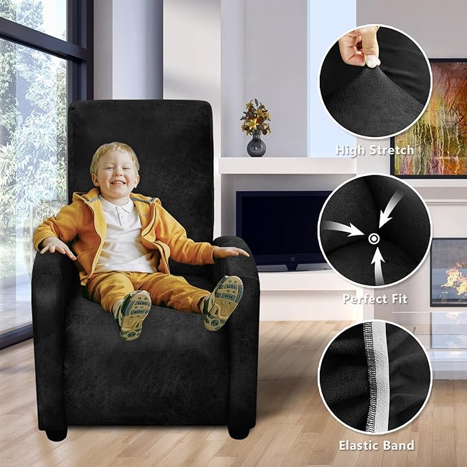 Recliner Chair Covers Leather Look Recliner Cover 4-Piece Slipcovers for Small Reclining Chair Furniture Protector for Kids Dogs Pets Spandex Fabric Washable (1 Small Seater, 02 Black)