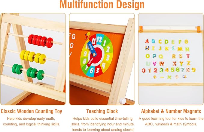 3-in-1 Wooden Easel for Kids, Toddle Double-Sided Easel with Magnetic Whiteboard and Painting Blackboard, 360° Rotatable, Paper-roll Holder, Storage Tray, and Stickers Included